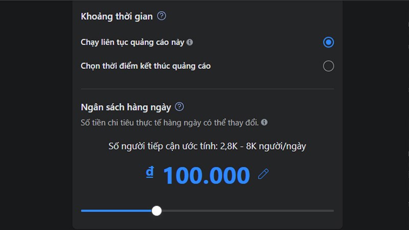 cài đặt ngân sách quảng cáo