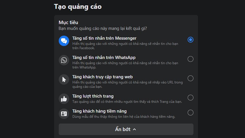 chọn mục tiêu cho chiến dịch quảng cáo