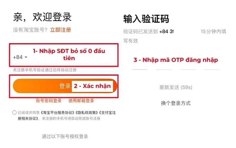đăng nhập Taobao trên app bằng số điện thoại