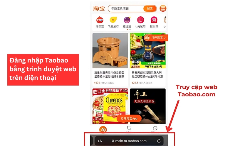 đăng nhập Taobao qua trình duyệt web trên điện thoại